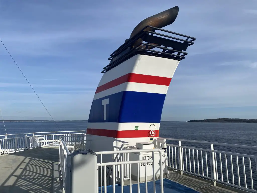 Funnel on a passenger ferry with company logo