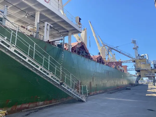 Ship's gangway rigged at port